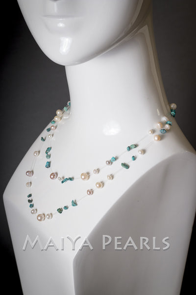 Illusion Necklace - 2-Strand with Turquoise and Pearls