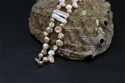 Bracelet - Freshwater Peach Baroque Pearls and Long White Flat Keshi Pearls