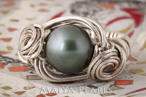 Ring - Custom Wirework Argentium Silver and Black Pearl