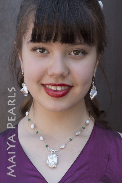 Necklace and Pendant - Brazilian Emeralds and Keshi Pearls