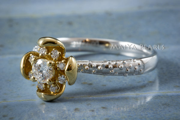 Ring -  Exquisite 18K Gold Flower and White Gold Band with Diamonds