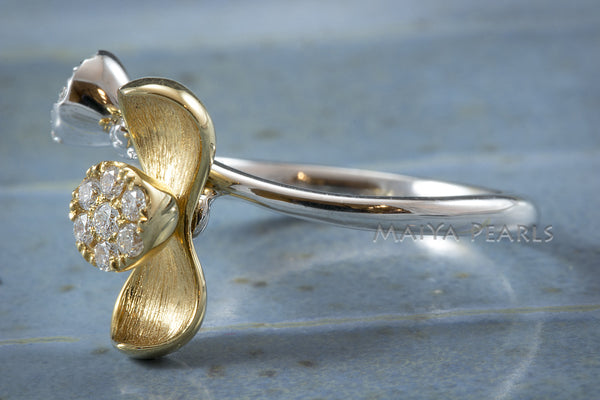 Ring - 18K Gold Flower and White Gold Band with Diamonds