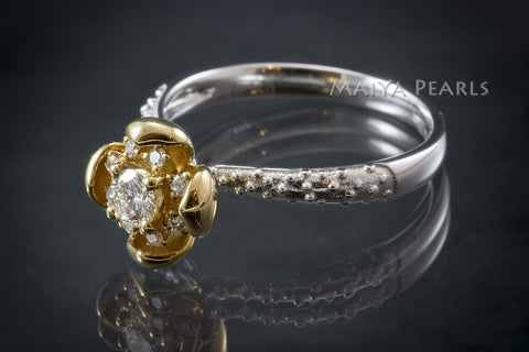 Ring -  Exquisite 18K Gold Flower and White Gold Band with Diamonds