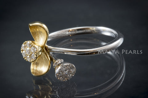 Ring - 18K Gold Flower and White Gold Band with Diamonds