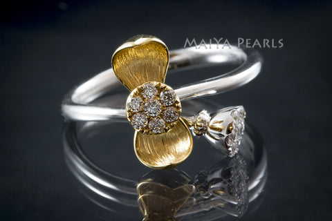 Ring - 18K Gold Flower and White Gold Band with Diamonds
