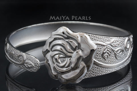 Rose Cuff Bracelet - Pure 999 Solid Silver Rose Design