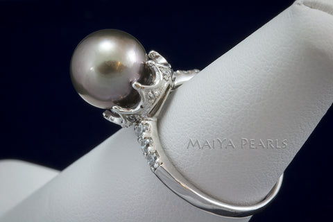 Ring - Tahitian Black Pearl with 925 Sterling Silver & Rhodium Crown Setting