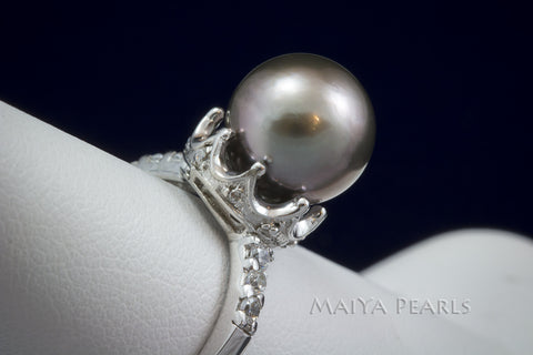 Ring - Tahitian Black Pearl with 925 Sterling Silver & Rhodium Crown Setting