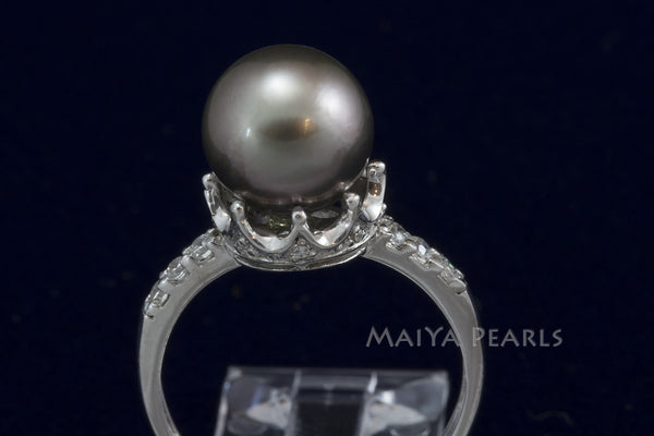 Ring - Tahitian Black Pearl with 925 Sterling Silver & Rhodium Crown Setting