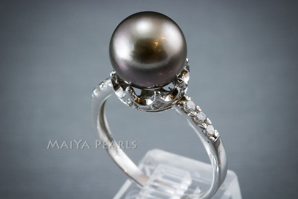 Ring - Tahitian Black Pearl with 925 Sterling Silver & Rhodium
