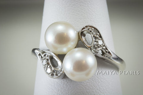 Ring - Double Saltwater Pearls with 14K White Gold & Diamonds