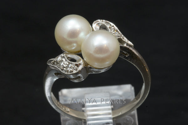 Ring - Double Saltwater Pearls with 14K White Gold & Diamonds