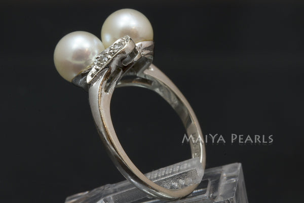 Ring - Double Saltwater Pearls with 14K White Gold & Diamonds