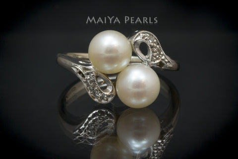 Ring - Double Saltwater Pearls with 14K White Gold & Diamonds