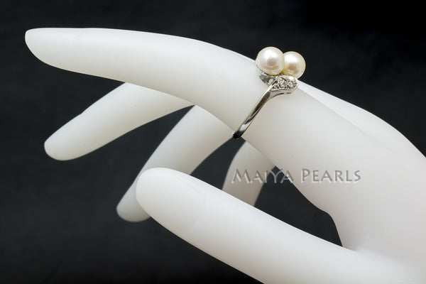 Ring - Double Saltwater Pearls with 14K White Gold & Diamonds