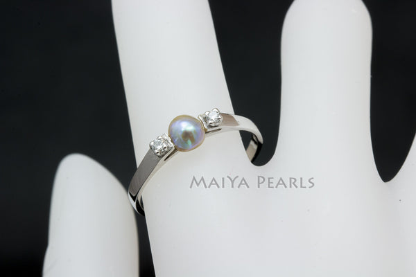 RARE Natural Pearl Ring - 14KW with Wild Natural Paua Pearl & 2-1Pt Diamonds