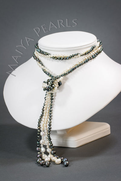 Necklace - Double Sweater Chain Black and White Baroque Pearls (versatile)