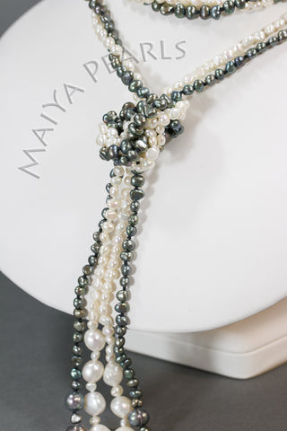 Necklace - Double Sweater Chain Black and White Baroque Pearls (versatile)