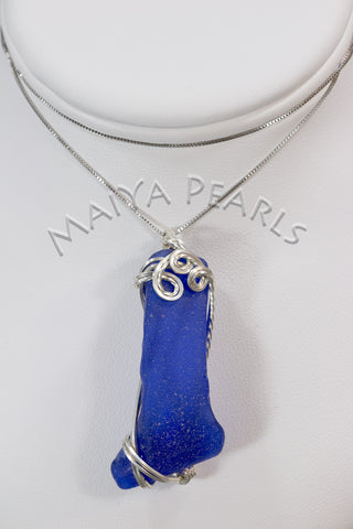 Pendant - Large Blue Sea Glass and Argentium Silver Wirework