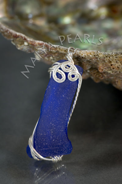 Pendant - Large Blue Sea Glass and Argentium Silver Wirework