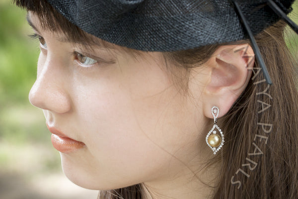 Exquisite Earrings - Large South Sea AAA Gold Pearls & 18K Gold & Diamonds