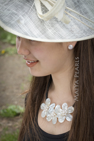 Triple Flower Necklace - Baroque Ringed Pearls & Natural Shell Petals