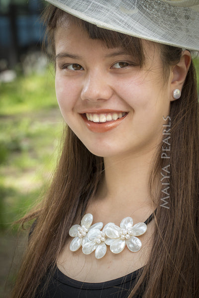 Triple Flower Necklace - Baroque Ringed Pearls & Natural Shell Petals