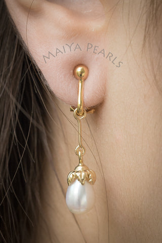 Earrings - 18K Gold Dangling Pearl Drops with Omega Clasp