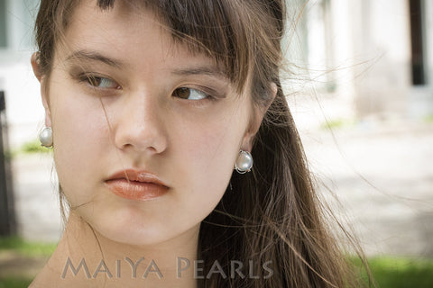 Earrings -  Large Mabé Pearls with White Gold and Diamonds