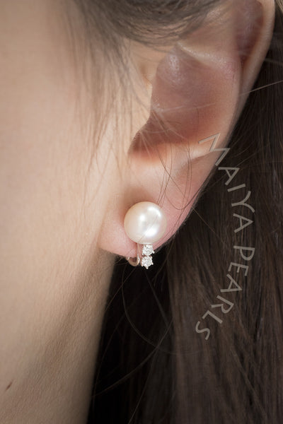 Earrings - White Pearl with Diamonds and 18K White Gold
