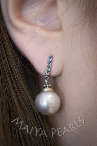 Earrings  -  Superb Silver Pearl, Blue Sapphires &14K White Gold