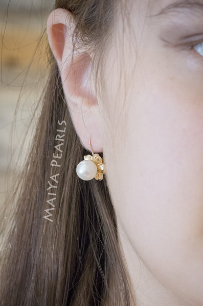 Earrings - Fine Freshwater Pearls with 14K Gold Flower Setting