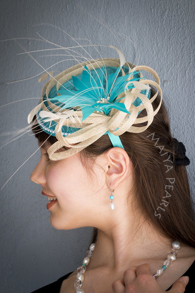 Fascinator  -  Turquoise Round with Feather Flower