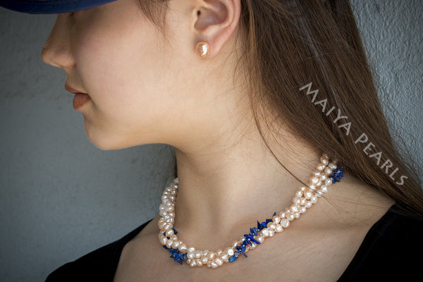 Necklace -  Triple Strand Twisted Peach and White Baroque Pearls with Lapiz Lazuli