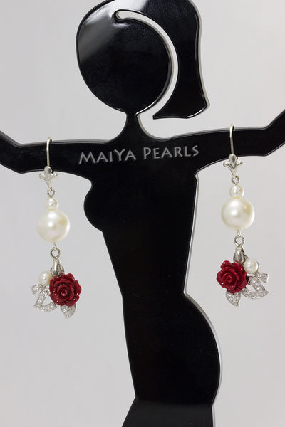 Earrings - Red Rose, white cultured pearls with cubic zirconia