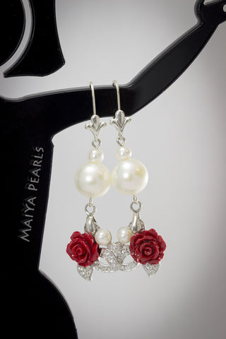 Earrings - Red Rose, white cultured pearls with cubic zirconia