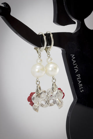 Earrings - Red Rose, white cultured pearls with cubic zirconia