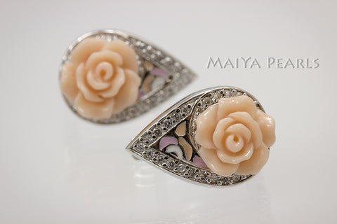 Earrings - Peach Rose enamel