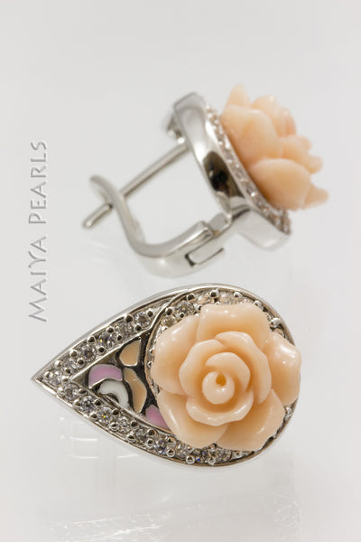 Earrings - Peach Rose enamel