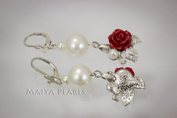Earrings - Red Rose, white cultured pearls with cubic zirconia