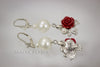 Earrings - Red Rose, white cultured pearls with cubic zirconia