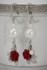 Earrings - Red Rose, white cultured pearls with cubic zirconia