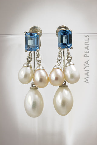 Earrings - Pink and White Oval Pearls with Swiss Blue Topaz