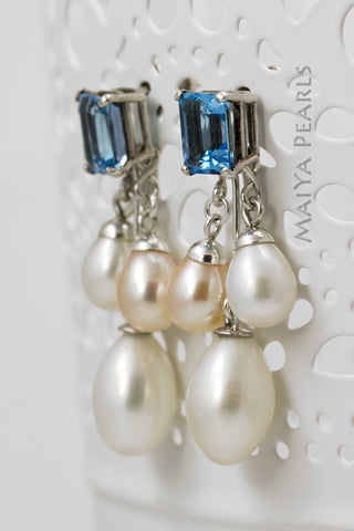 Earrings - Pink and White Oval Pearls with Swiss Blue Topaz