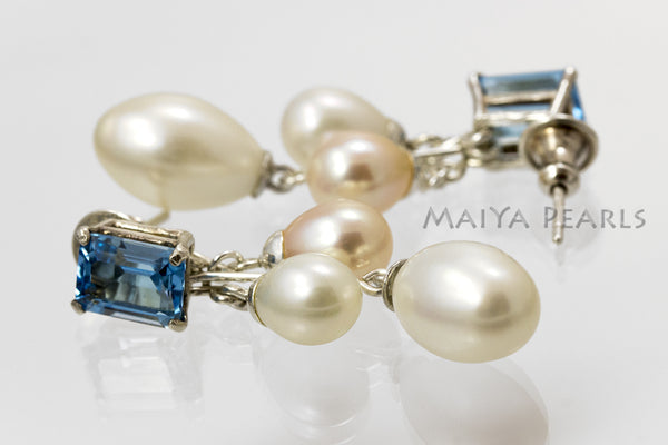 Earrings - Pink and White Oval Pearls with Swiss Blue Topaz