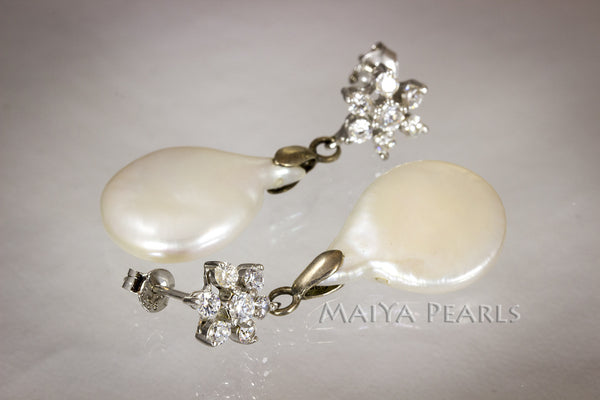 Earrings - Flat Coin Pearl with Flower cut gems