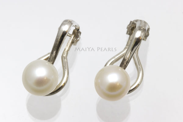 Stud Earrings - Clip On White Round Freshwater Pearls