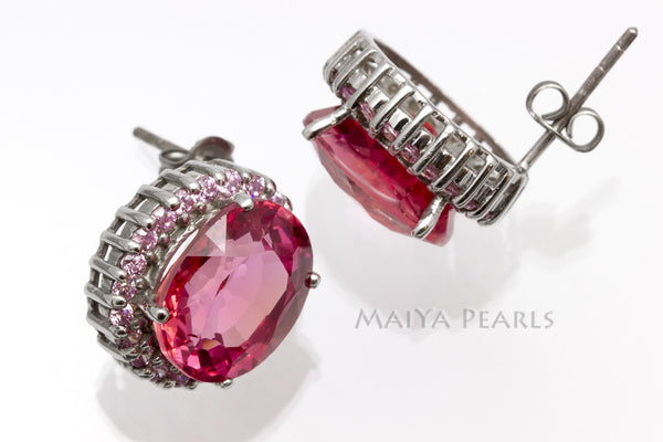 Stud Earrings - Pink Orange Sapphire & 925 Sterling Silver Clasp