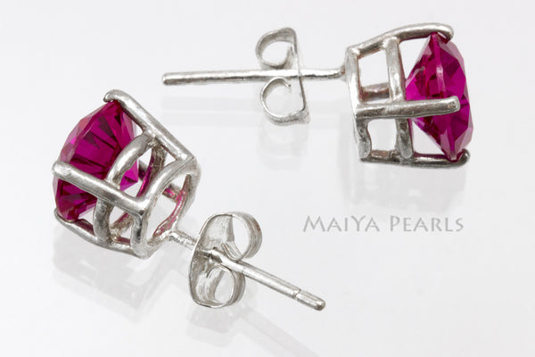 Stud Earrings - Red Ruby & 925 Sterling Silver
