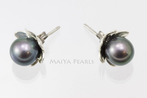 Stud Earrings - Dark Purple Round Pearls with Flower Cup